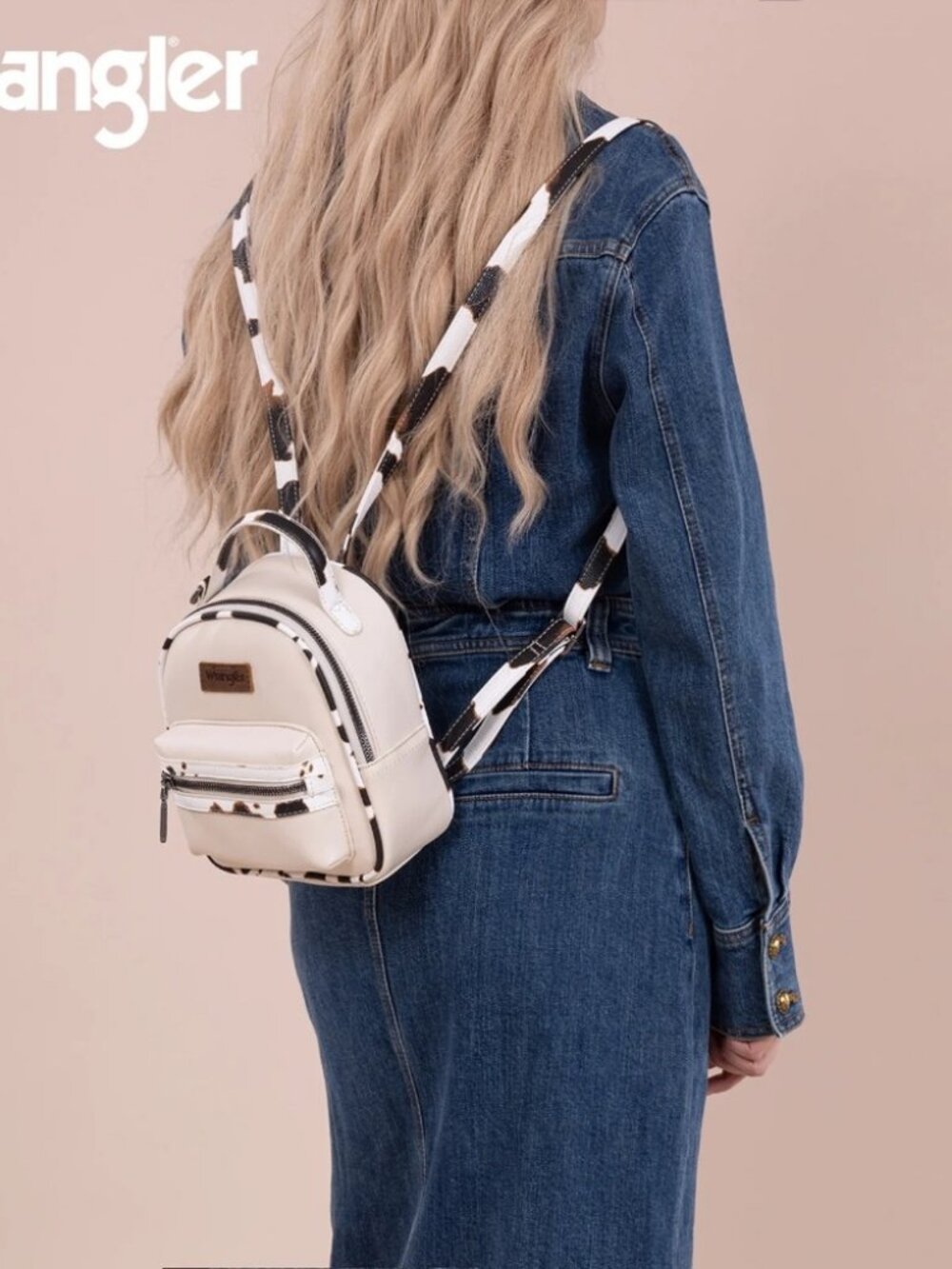 Wrangler Cow Print Trimmed Mini Backpack With Coin Pouch - Tan